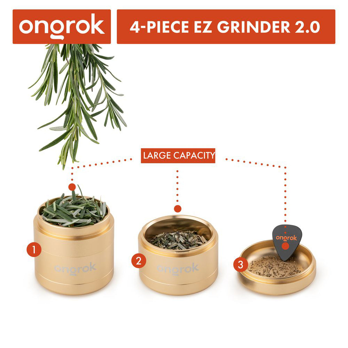 4pcs Aluminum 2.6 EZ Grinder with gold containers, green leaves, and a guitar pick scoop for efficient herb grinding and storage.