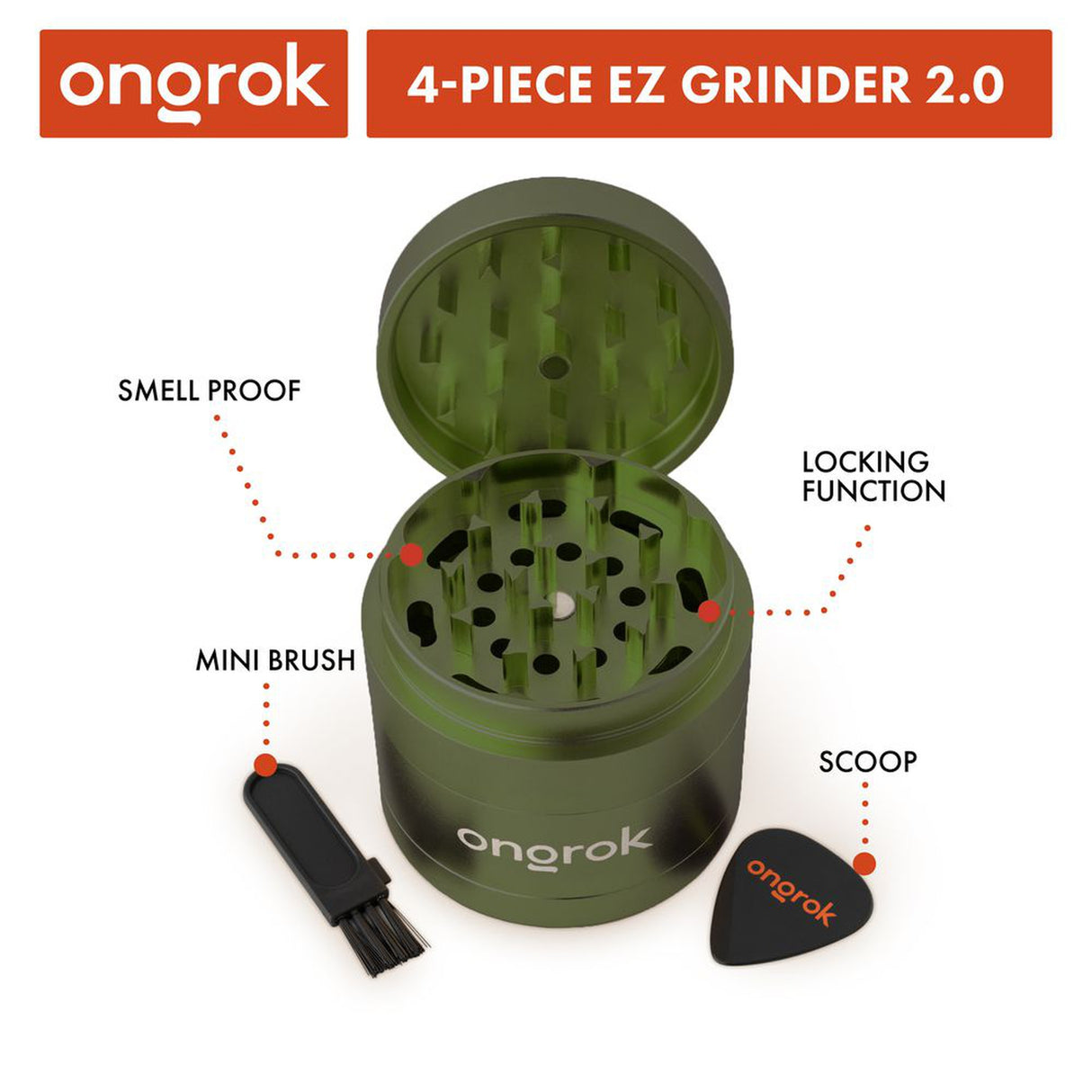 4pcs Aluminum 2.6 EZ Grinder with triangular teeth, deep chambers, and a brush, designed for consistent herb grinding and storage. Includes a guitar pick scoop.