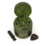 4pcs Aluminum 2.6 EZ Grinder with triangular teeth, deep chambers, magnetic lid, and included guitar pick scoop and brush for easy grinding and storage.