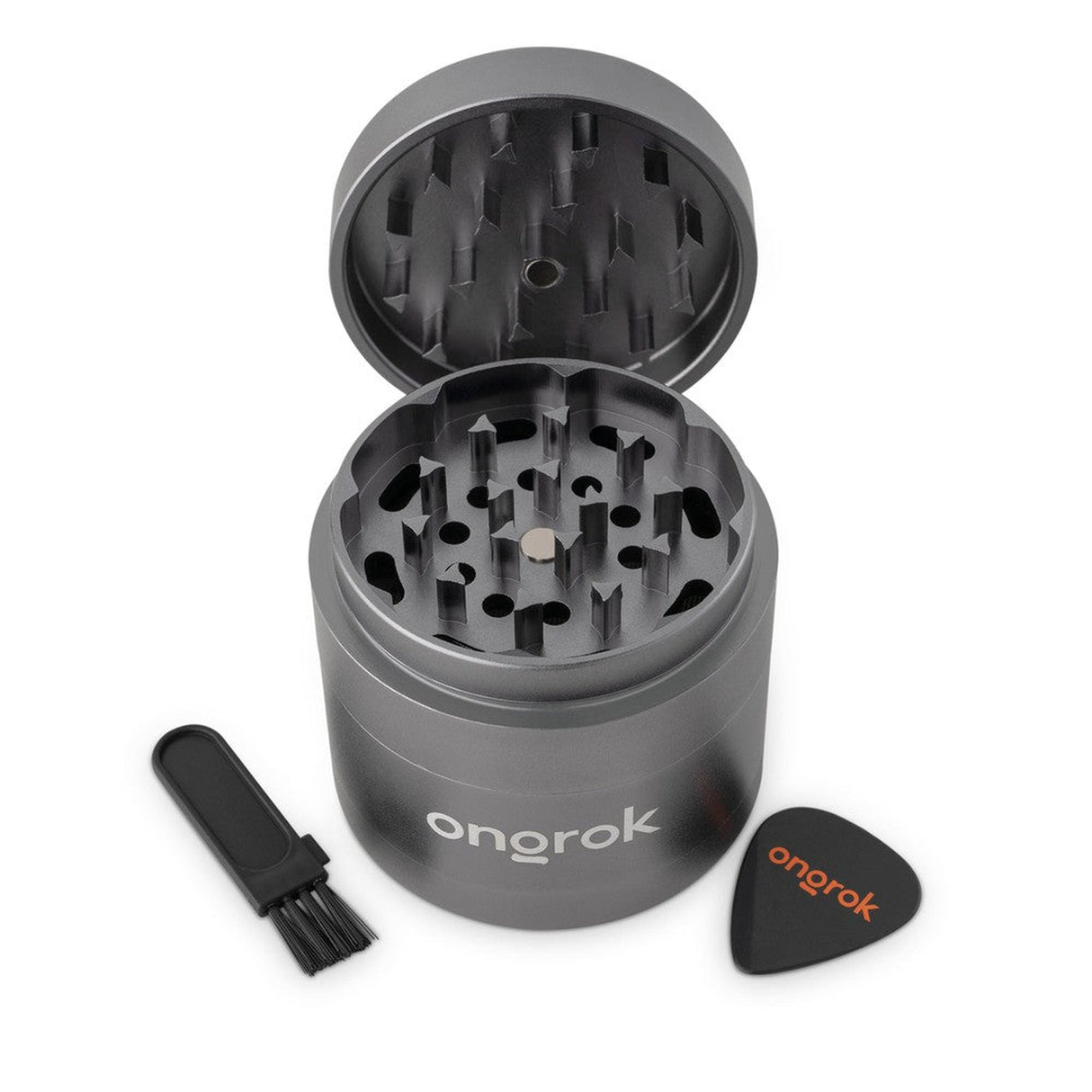 4pcs Aluminum 2.6 EZ Grinder with triangular teeth, deep chambers, and included guitar pick and brush for easy herb grinding and storage.