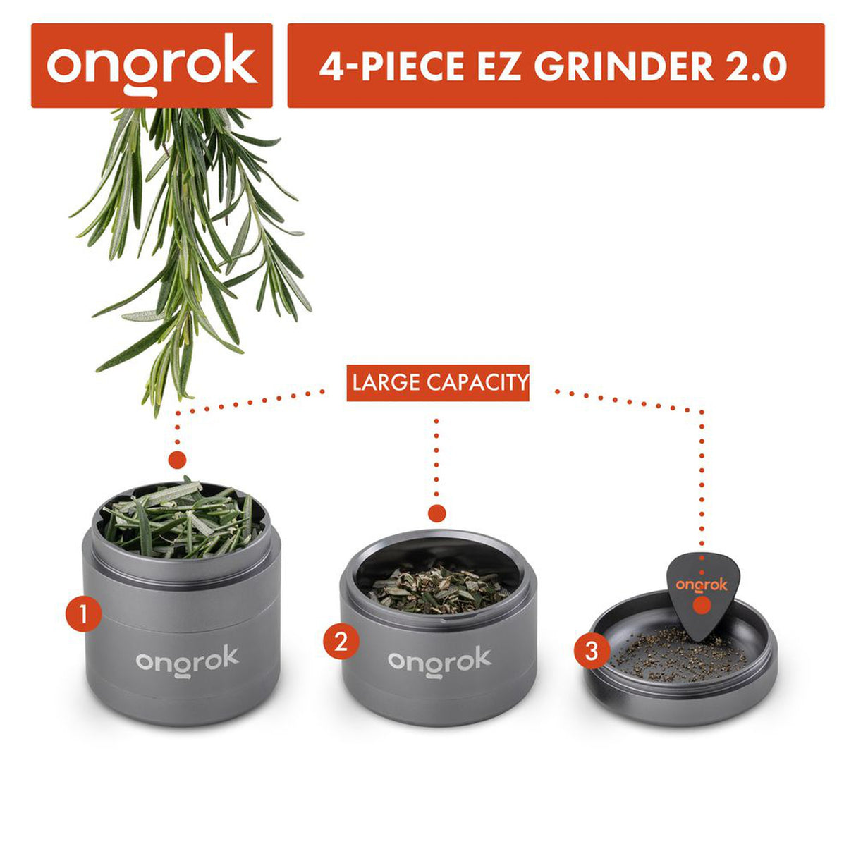 4pcs Aluminum 2.6 EZ Grinder with visible deep chambers, triangular teeth, and magnetic lid, accompanied by herbs and a guitar pick scoop for easy use.