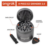 4pcs Aluminum 2.6 EZ Grinder featuring a metal grinder with triangular teeth, deep chambers, and included guitar pick scoop and brush for effortless herb grinding and storage.