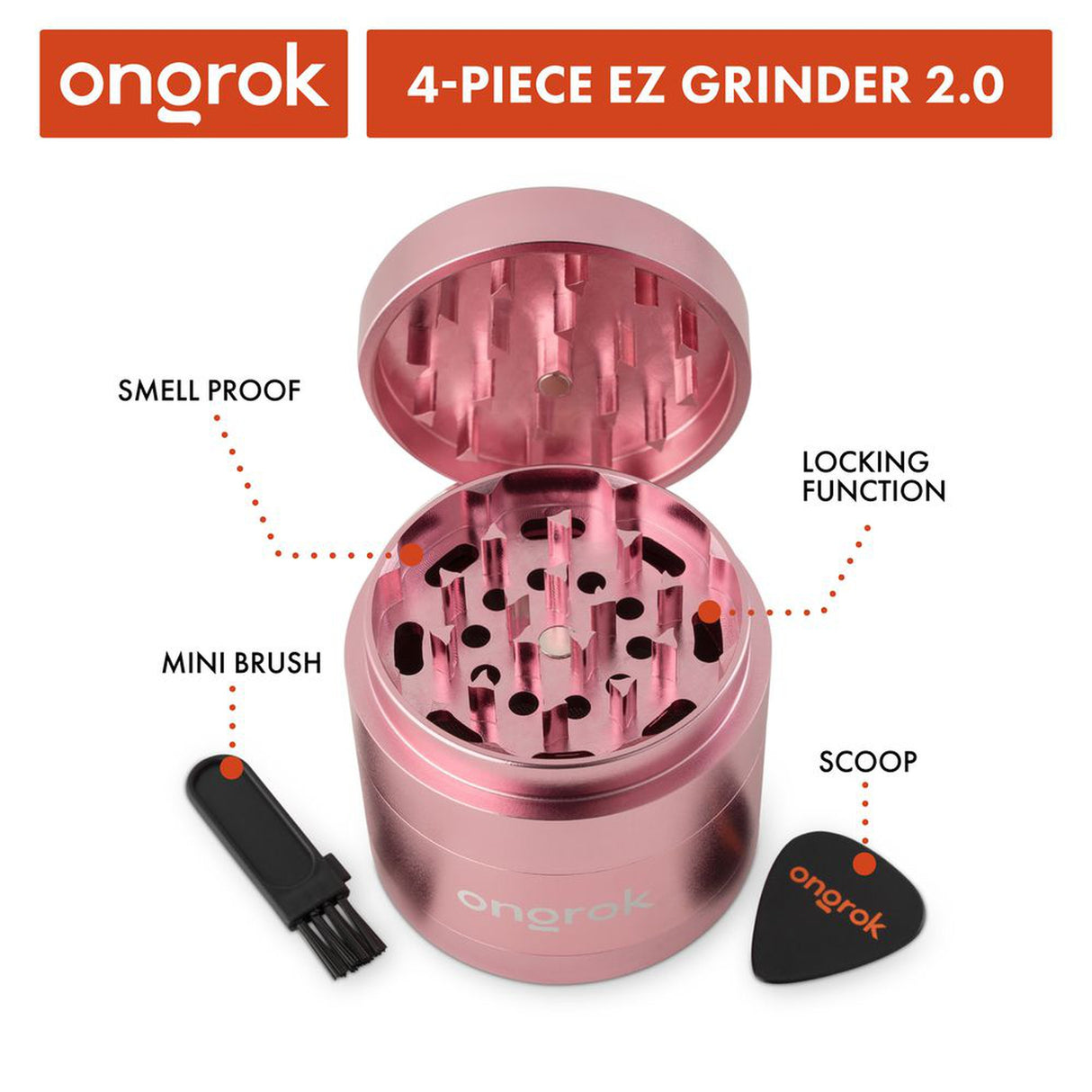 4pcs Aluminum 2.6 EZ Grinder with triangular teeth, deep chambers for storage, and includes a guitar pick scoop and brush for convenience.