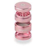 4pcs Aluminum 2.6 EZ Grinder showcasing a pink metal exterior, triangular teeth, and deep chambers for grinding and storing herbs efficiently.