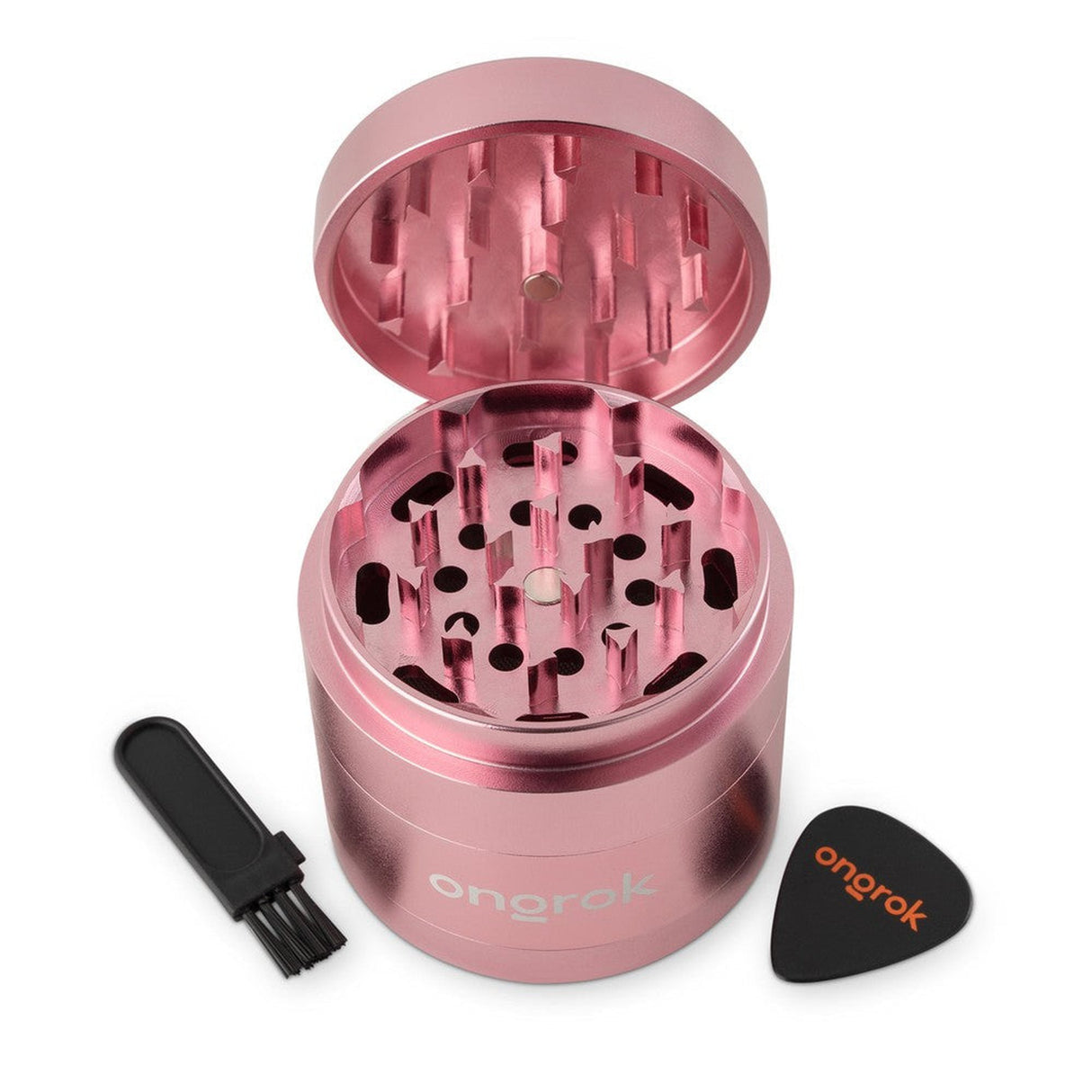 4pcs Aluminum 2.6 EZ Grinder with brush and guitar pick scoop, featuring triangular teeth for consistent grind and deep chambers for storage.