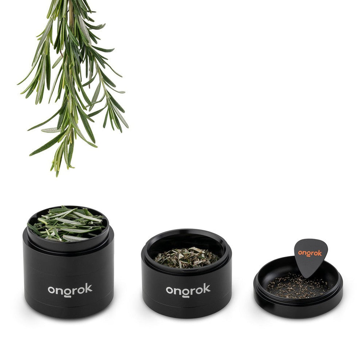 4pcs Aluminum 2.6 EZ Grinder with deep chambers, triangular teeth, and magnetic lid, accompanied by a guitar pick scoop and brush for easy herb preparation.