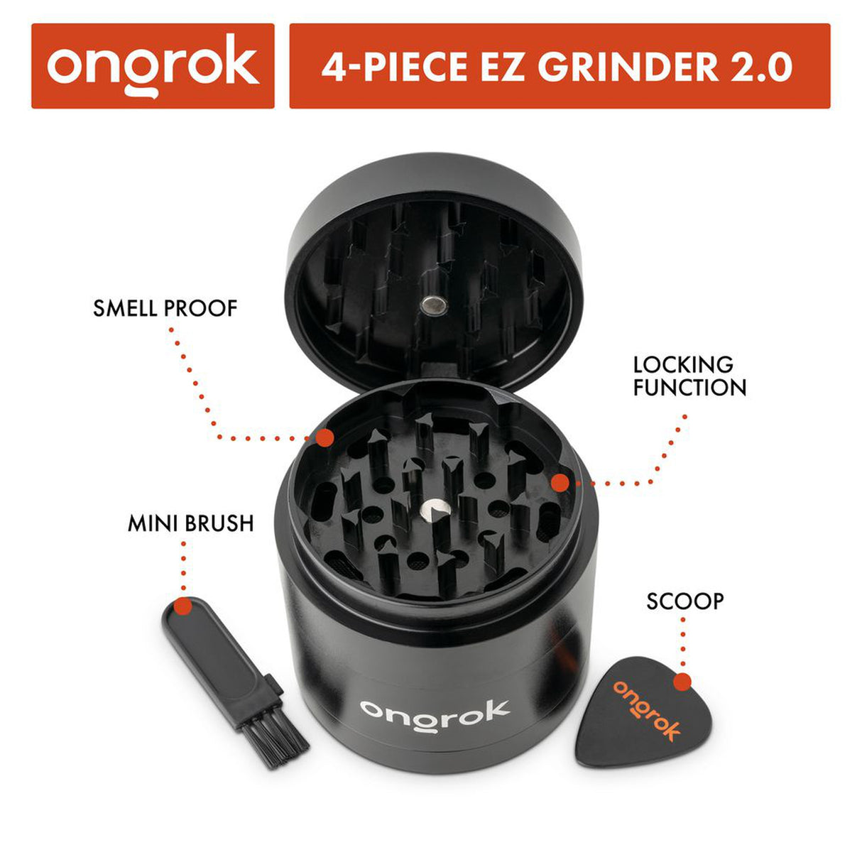 4pcs Aluminum 2.6 EZ Grinder with triangular teeth, deep chambers, and included brush and guitar pick scoop for efficient herb grinding and storage.