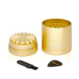 5pcs Aluminum 3 Flower Petal Toothless Grinder with Storage, featuring a gold cylindrical design, pick, brush, and multi-chamber construction for efficient herb grinding.