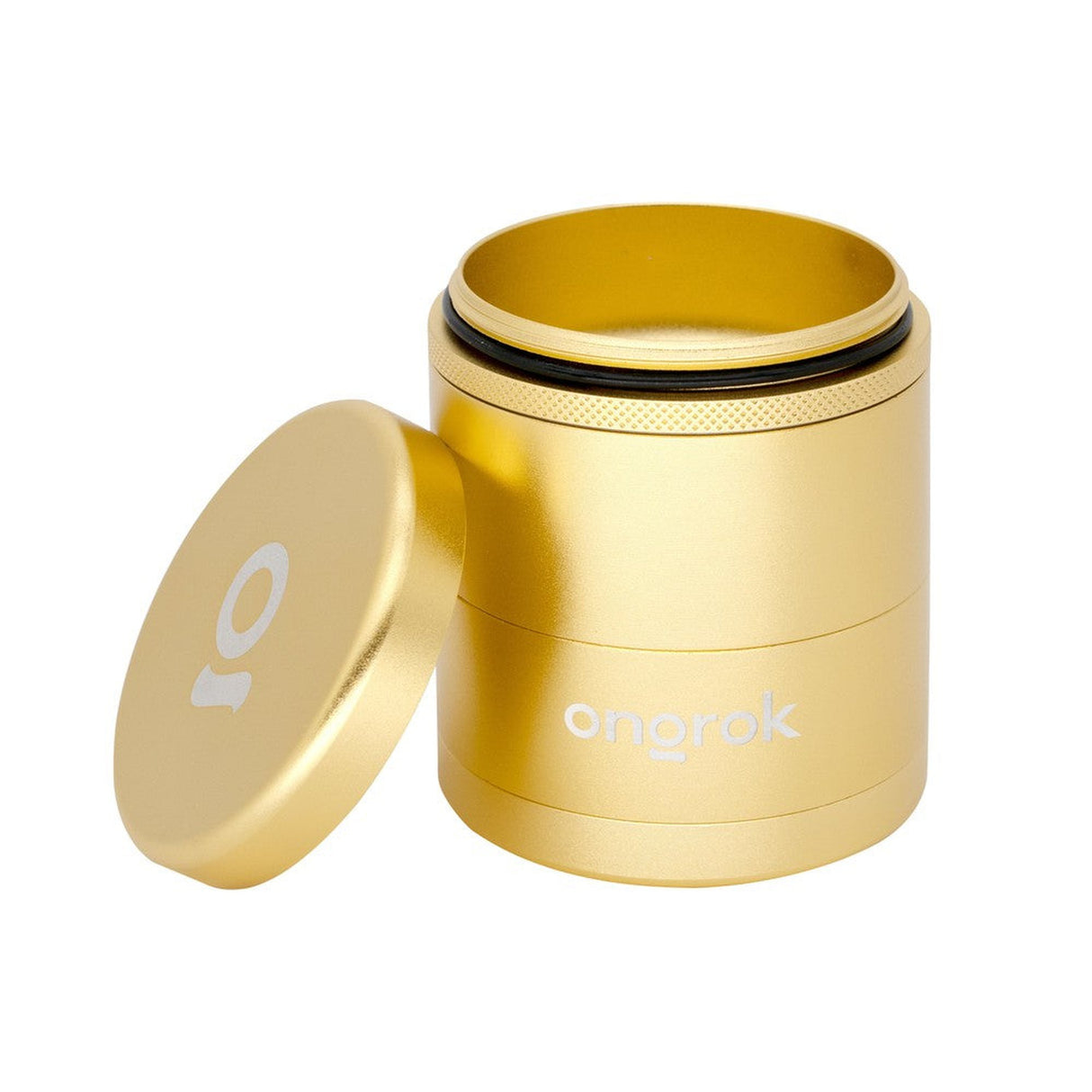 5pcs Aluminum 3 Flower Petal Toothless Grinder with Storage, featuring a gold cylindrical design, lid, and logo, highlighting its versatile, innovative grinding functionality.