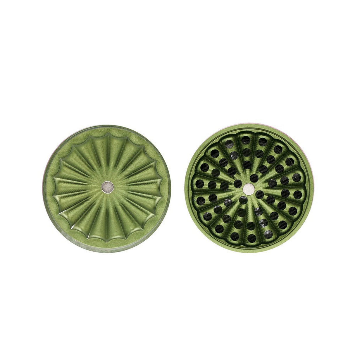 5pcs Aluminum 3 Flower Petal Toothless Grinder with Storage, featuring a green circular design with black dots, multi-chamber, and flower-shaped tooth pattern for efficient grinding.