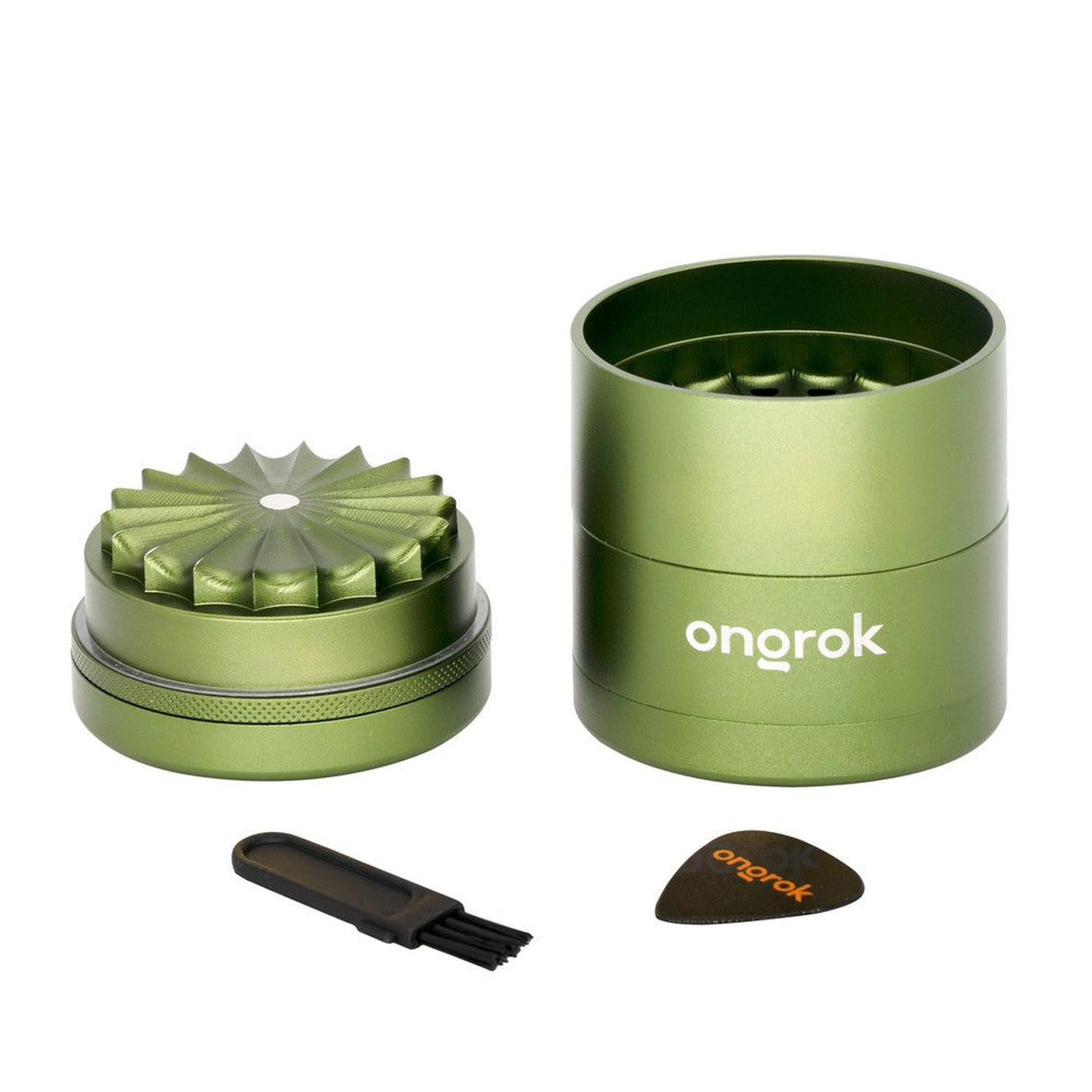 5pcs Aluminum 3 Flower Petal Toothless Grinder with Storage, featuring a green cylindrical design with a pick, brush, and airtight storage chamber for herbs.