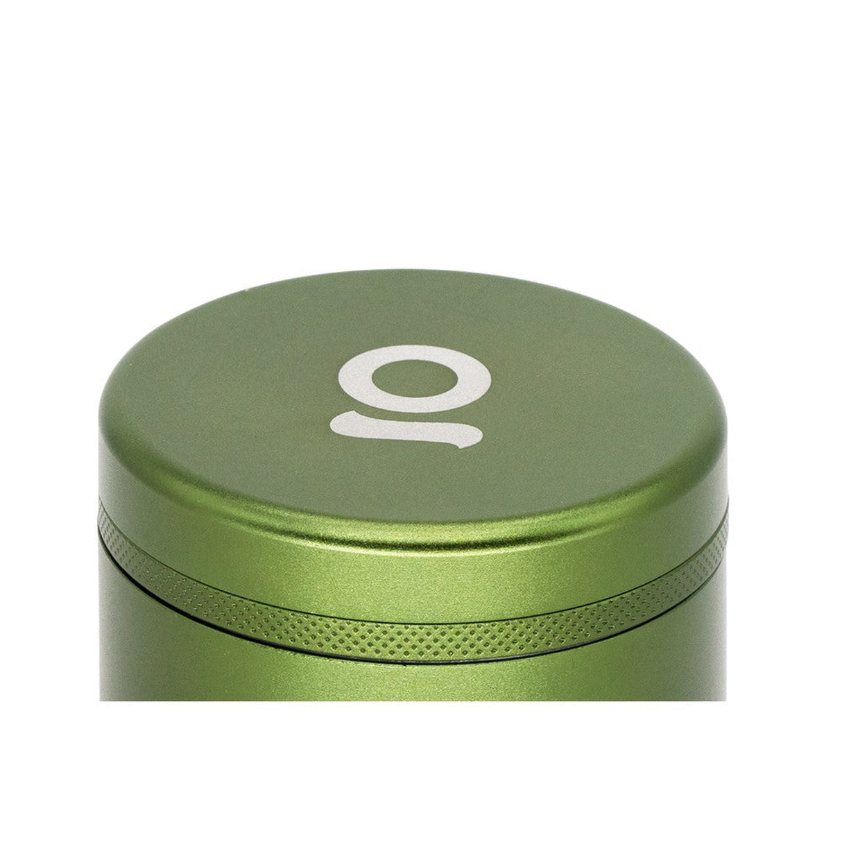 5pcs Aluminum 3 Flower Petal Toothless Grinder with Storage, featuring a logo on its green cylindrical body, highlighting its sleek, portable design.