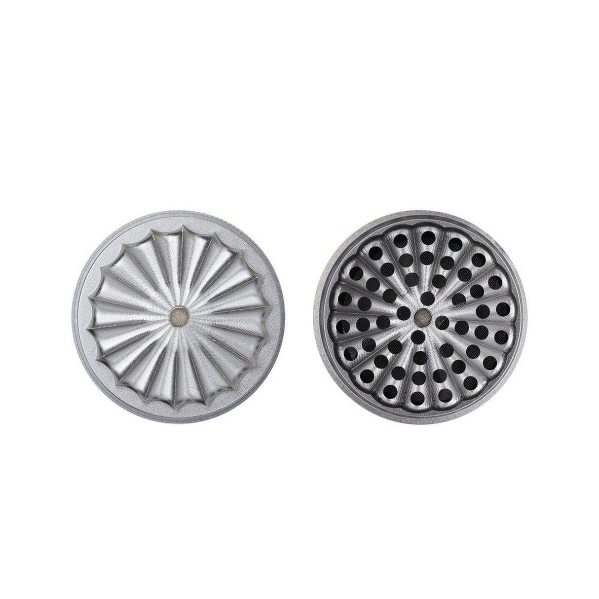 5pcs Aluminum 3 Flower Petal Toothless Grinder with Storage, featuring a circular metal design with multi-chamber and flower-shaped pattern for efficient herb grinding.