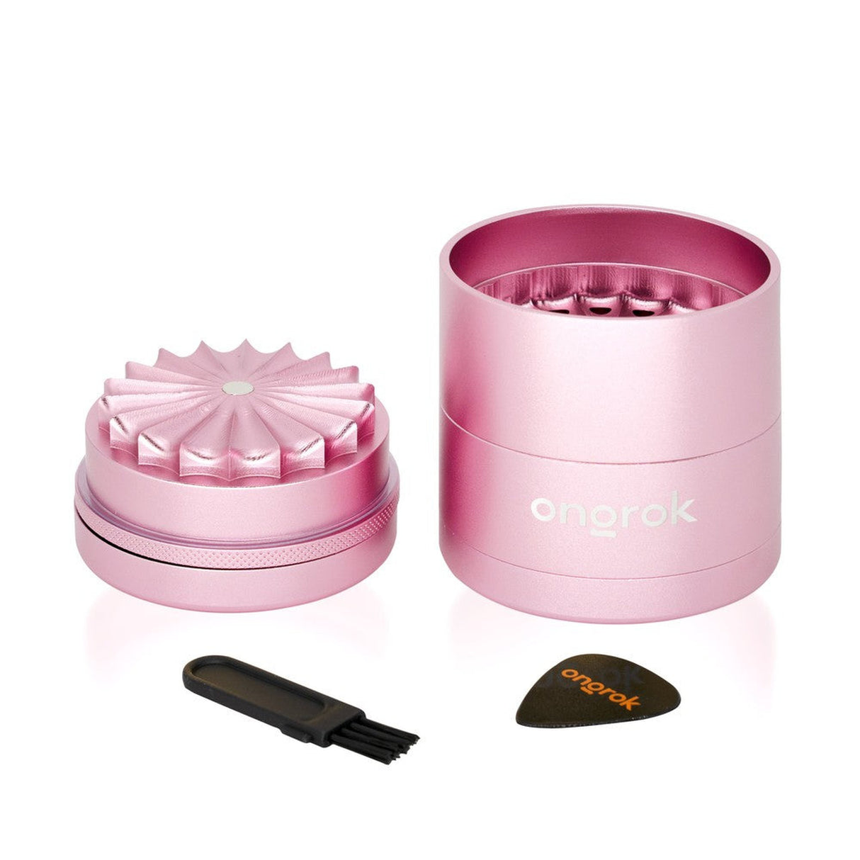 5pcs Aluminum 3 Flower Petal Toothless Grinder with Storage, showcasing its multi-chamber design, flower-shaped pattern, and included pick and comb for efficient herb grinding.