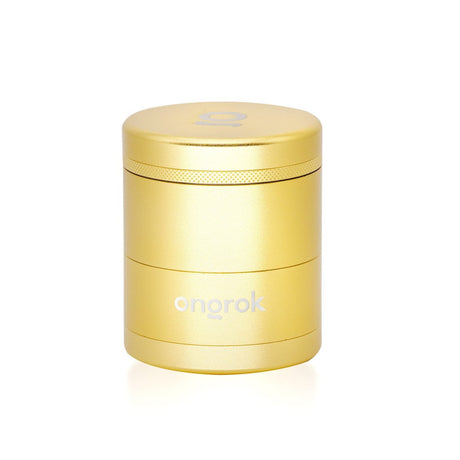 5pcs Aluminum 3 Flower Petal Toothless Grinder with Storage, featuring a gold cylindrical design with a round lid and visible logo detail.