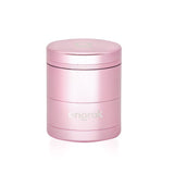 5pcs Aluminum 3 Flower Petal Toothless Grinder with Storage; pink cylindrical grinder with round lid, logo visible, designed for efficient herb grinding and storage.