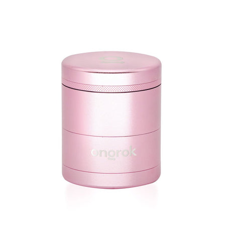 5pcs Aluminum 3 Flower Petal Toothless Grinder with Storage; pink cylindrical grinder with round lid, logo visible, designed for efficient herb grinding and storage.