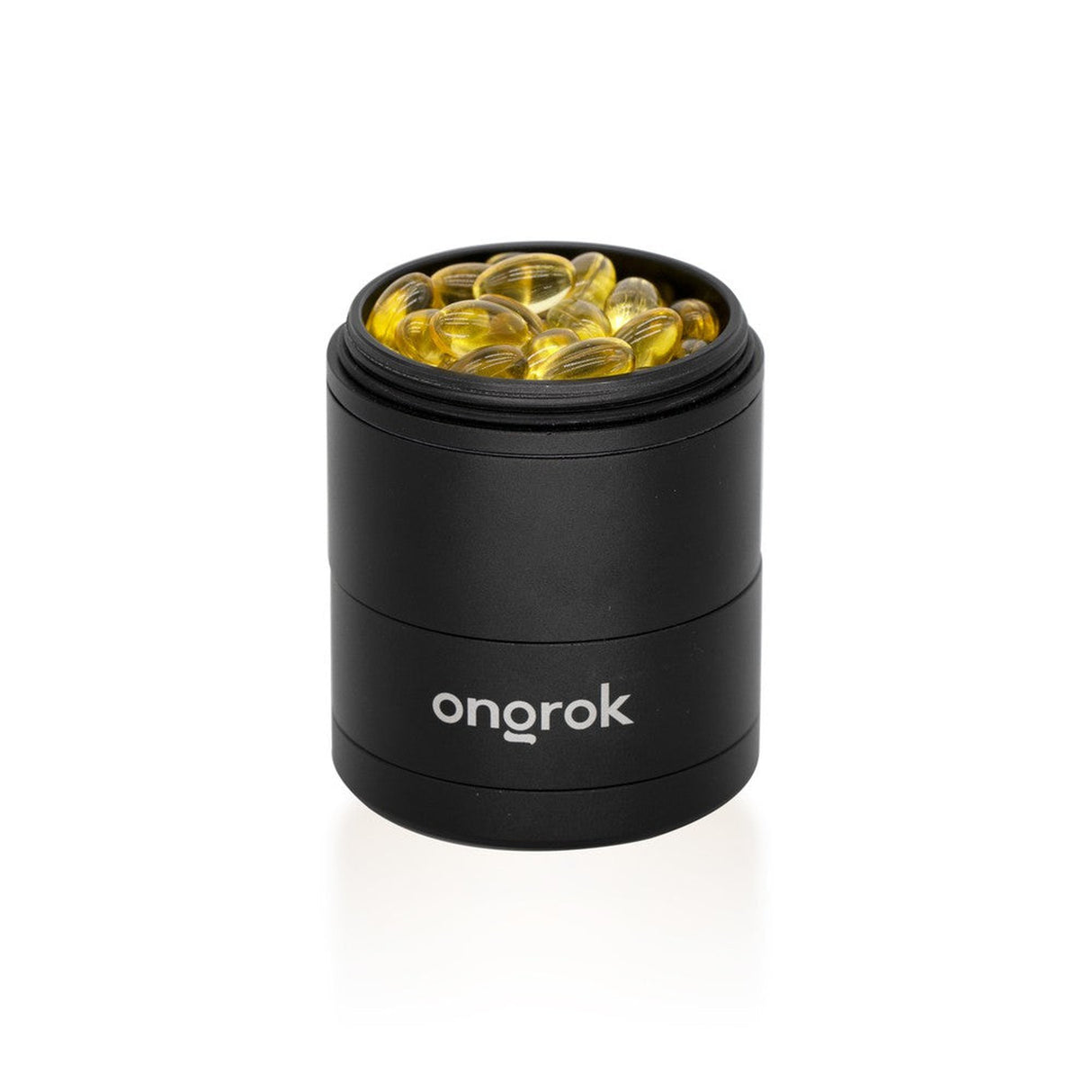 5pcs Aluminum 3 Pyramid Teeth Grinder with Storage, featuring a black container with visible yellow pills, designed for efficient herb grinding and storage.