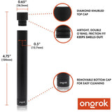 Aluminum Doob Tube, sleek black cylinder with a friction-fit top cap, designed for odor-proof storage of rolled herbs, crafted from durable aircraft-grade aluminum.