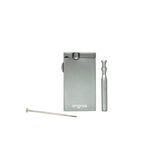 Silver Aluminum Dugout & One Hitter with a metal one-hitter pipe, magnetic poker tool, and airtight storage, emphasizing portability and durability for a premium smoking experience.