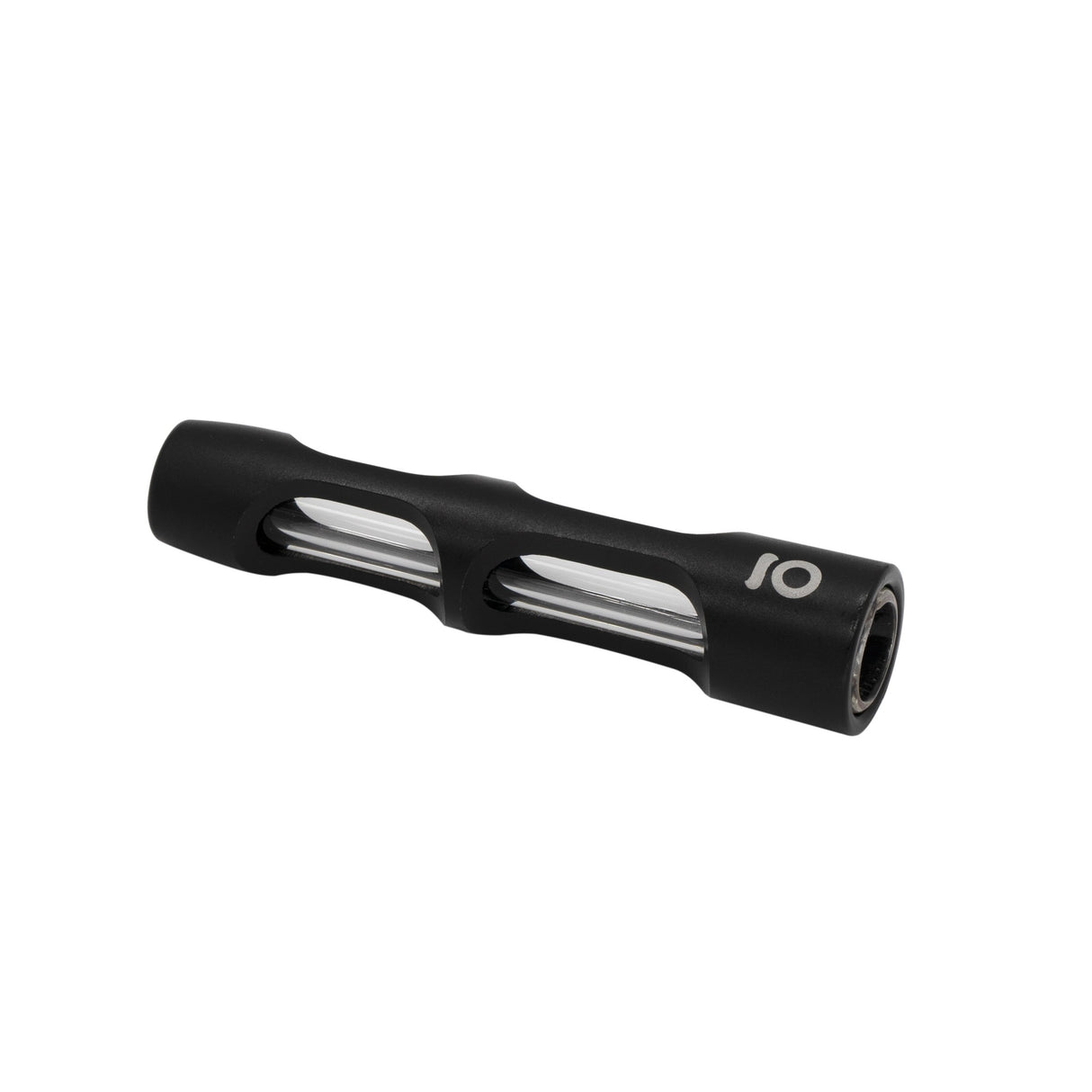 Aluminum & Glass Chillum One Hitter, a sleek tool with a black and silver anodized aluminum body, showcasing a durable, portable smoking design.