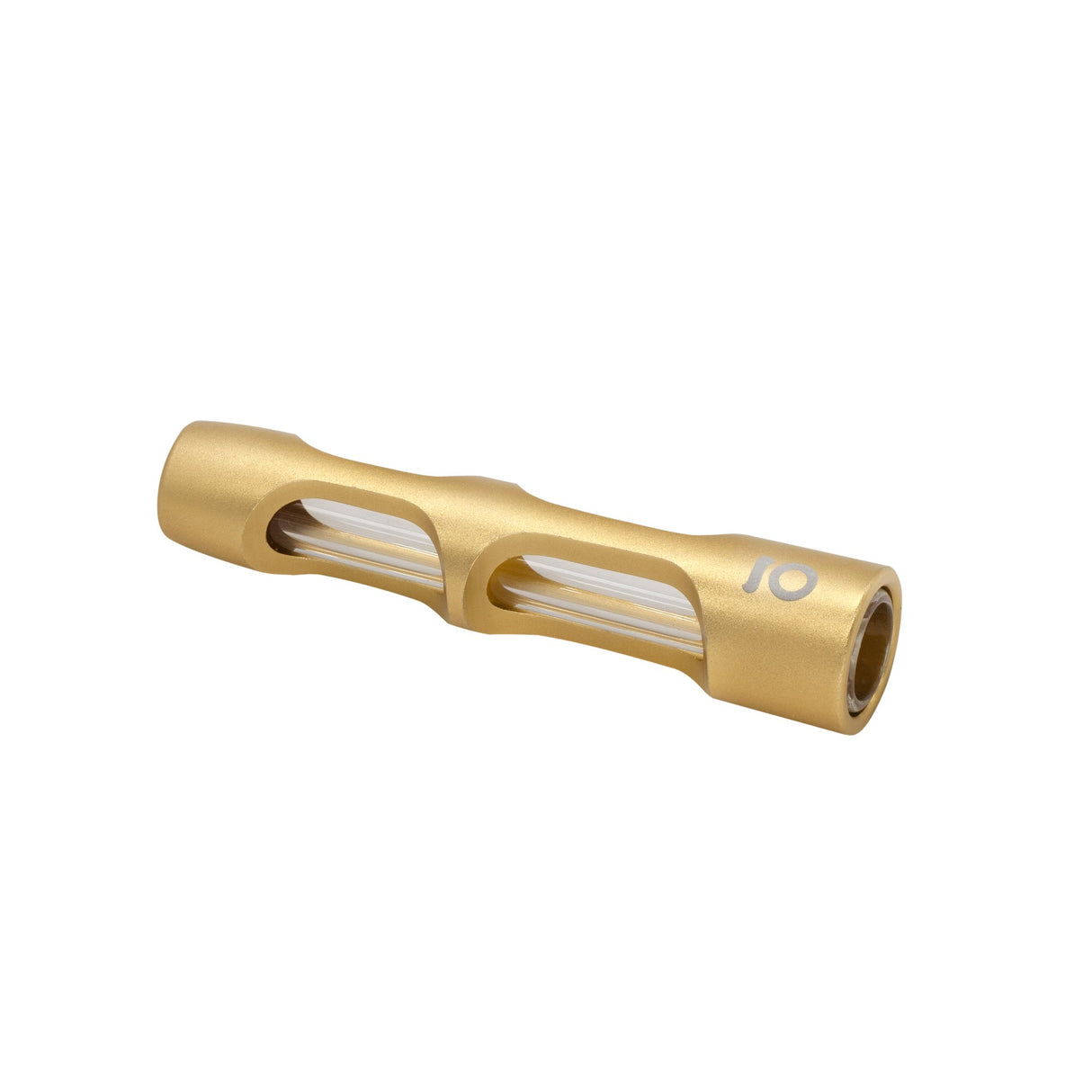 Aluminum & Glass Chillum One Hitter: Close-up of a gold, tube-like pipe with a central hole, designed for discreet, portable smoking.