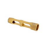 Aluminum & Glass Chillum One Hitter, gold anodized aluminum with holes, sleek design for discreet, portable use.