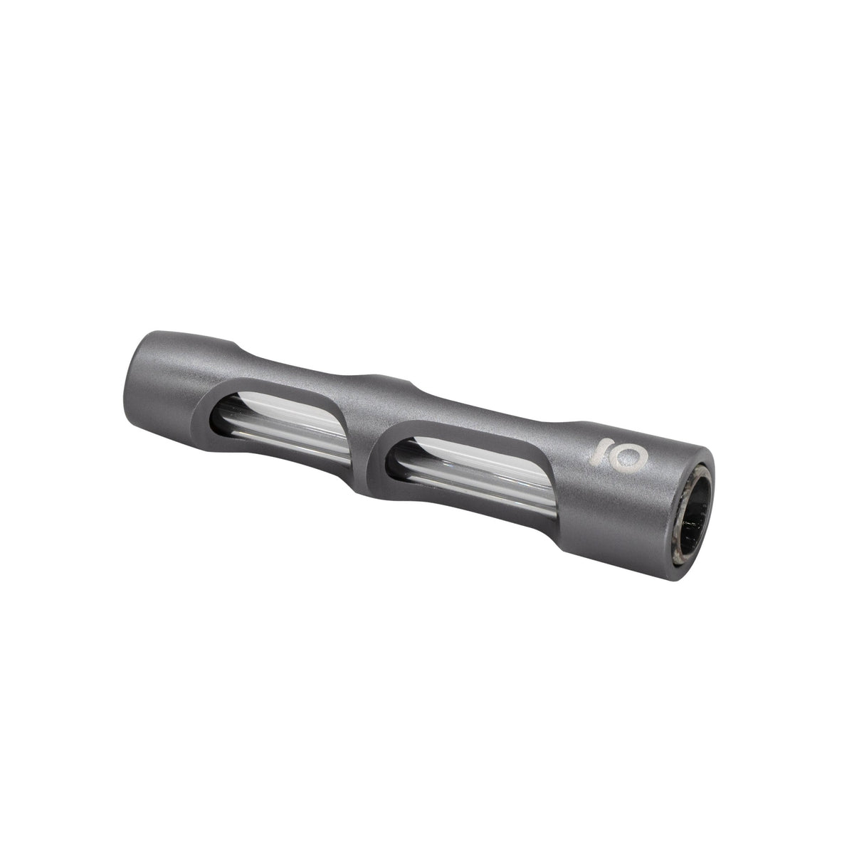 Aluminum & Glass Chillum One Hitter: Close-up of sleek, anodized aluminum tube housing a removable glass chillum for portable and discreet smoking.