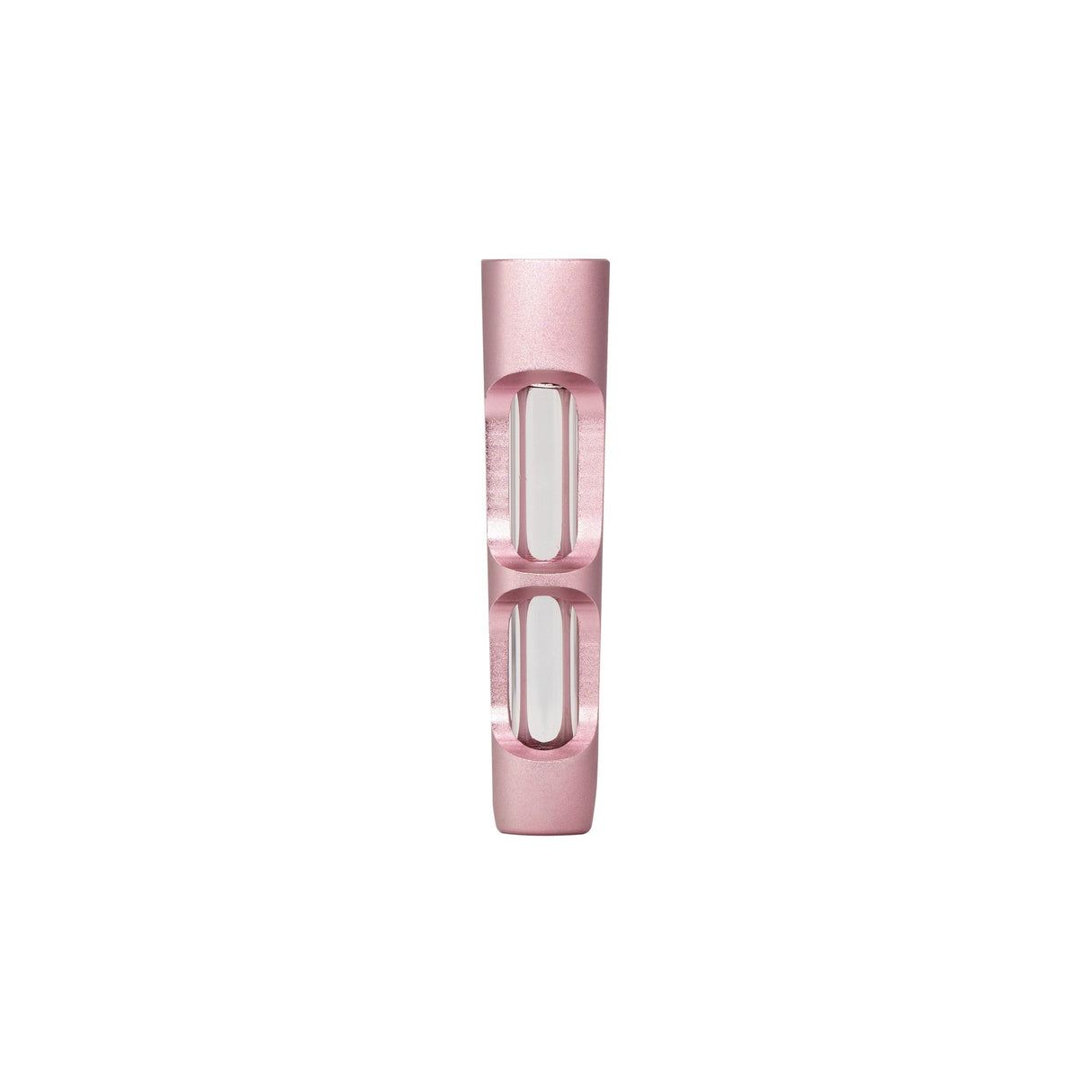 Aluminum & Glass Chillum One Hitter with a pink anodized aluminum body and two visible holes, showcasing its sleek, portable design.