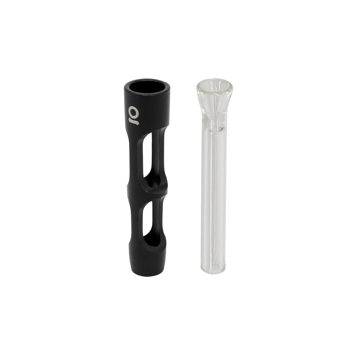 Aluminum & Glass Chillum One Hitter, featuring a sleek, cylindrical design with a durable black tube and clear glass interior for discreet portability.