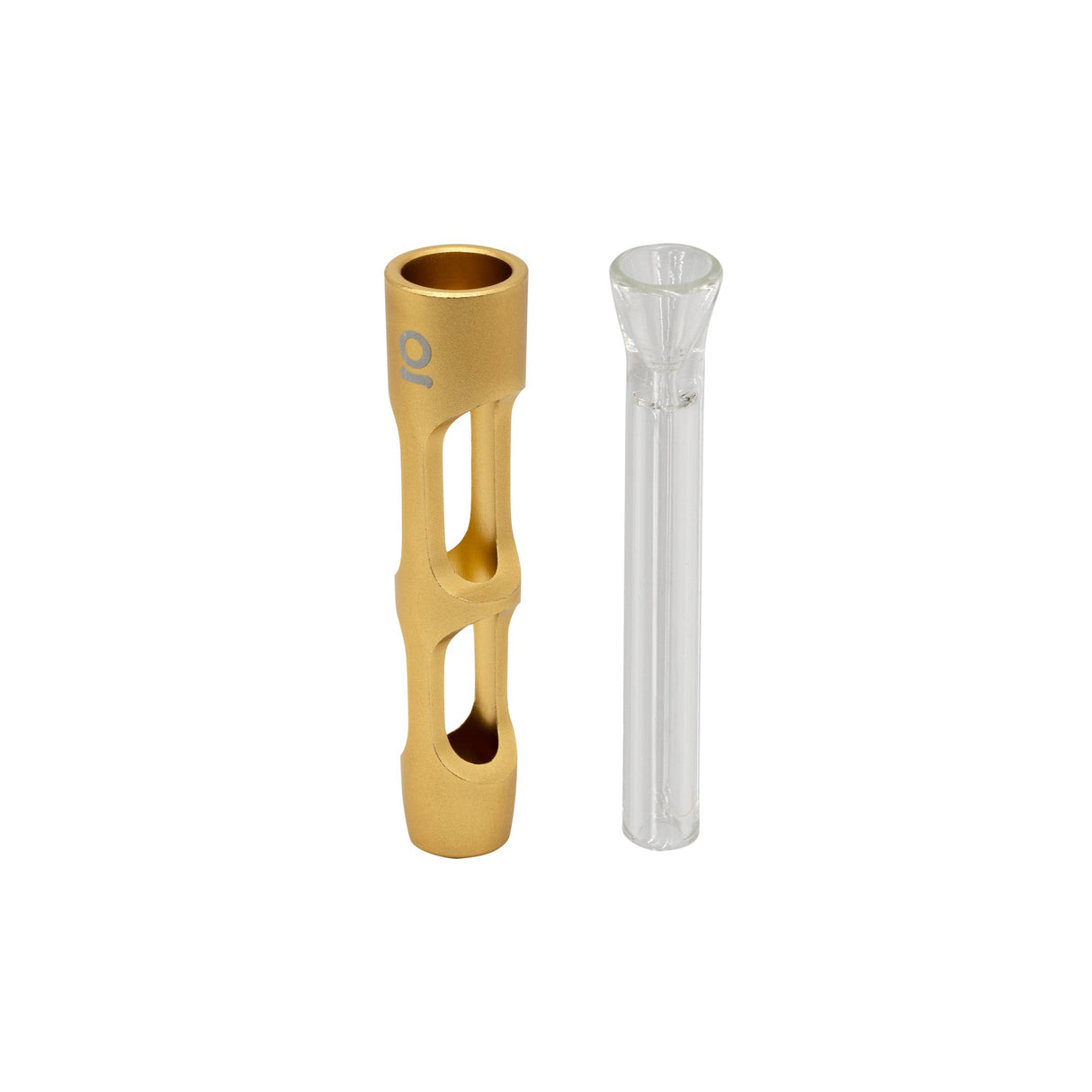 Aluminum & Glass Chillum One Hitter with gold anodized aluminum exterior and clear glass interior, designed for discreet, portable smoking.