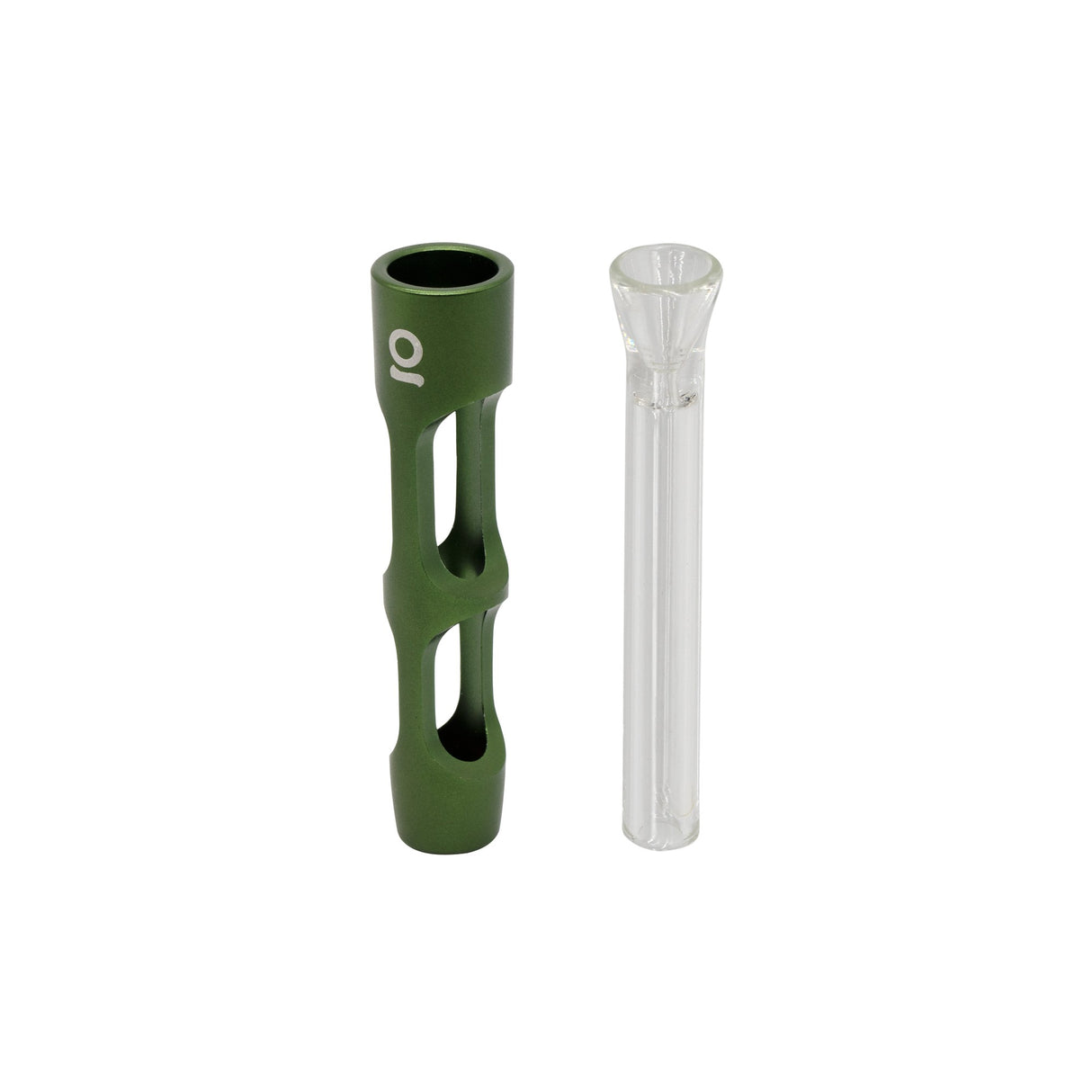 Aluminum & Glass Chillum One Hitter showcasing a green anodized exterior with visible glass insert, designed for portability and discreet smoking sessions.