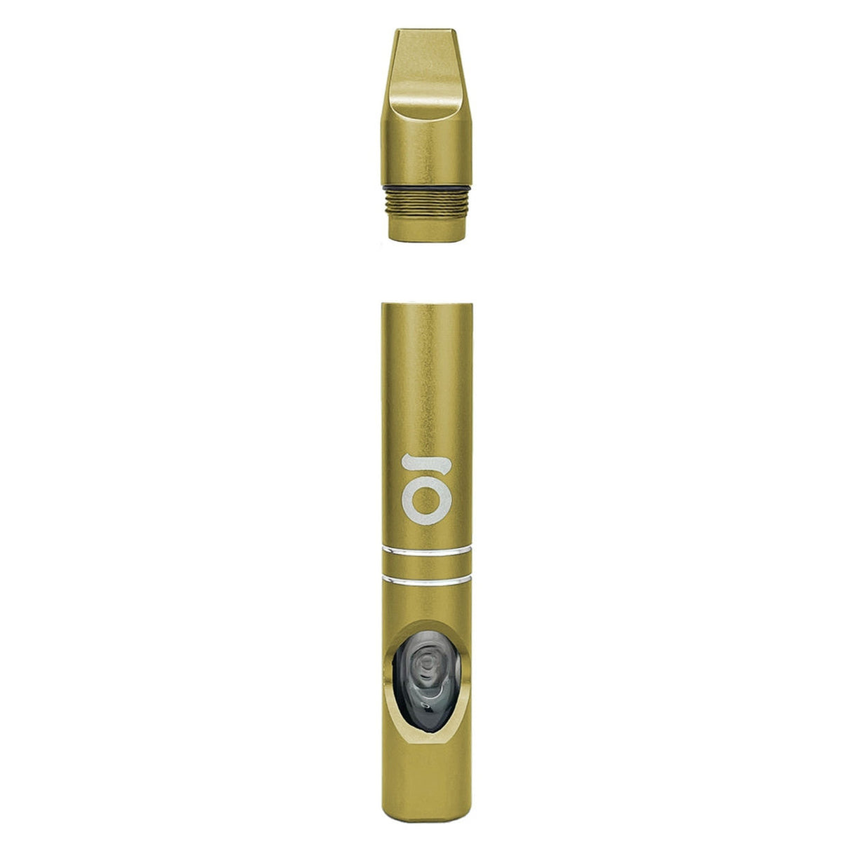 Aluminum Hash Pipe with sleek cylindrical design, showcasing close-up details of its durable gold-toned body, ideal for meditative smoking experiences.