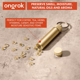 Aluminum Smell-Proof Storage Keychain featuring a gold cylindrical design with a removable cap, ideal for secure, odor-free storage of herbs or capsules.