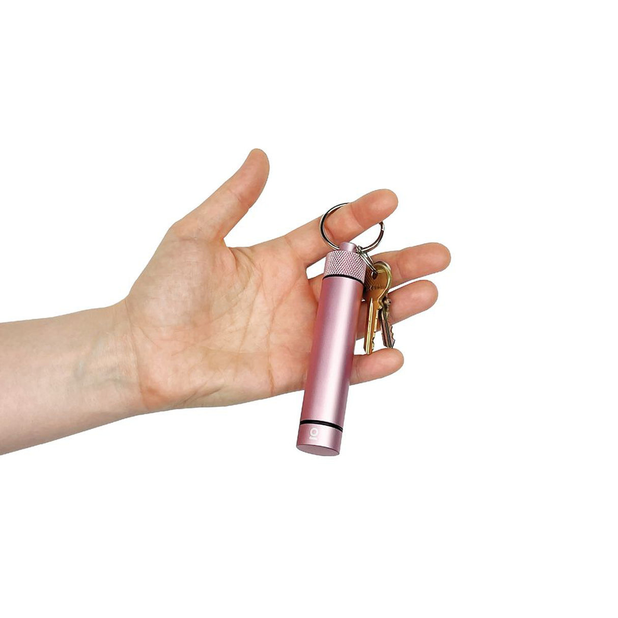 Hand holding the Aluminum Smell-Proof Storage Keychain, showcasing its compact, durable design ideal for discreetly storing consumables like herbs and capsules.