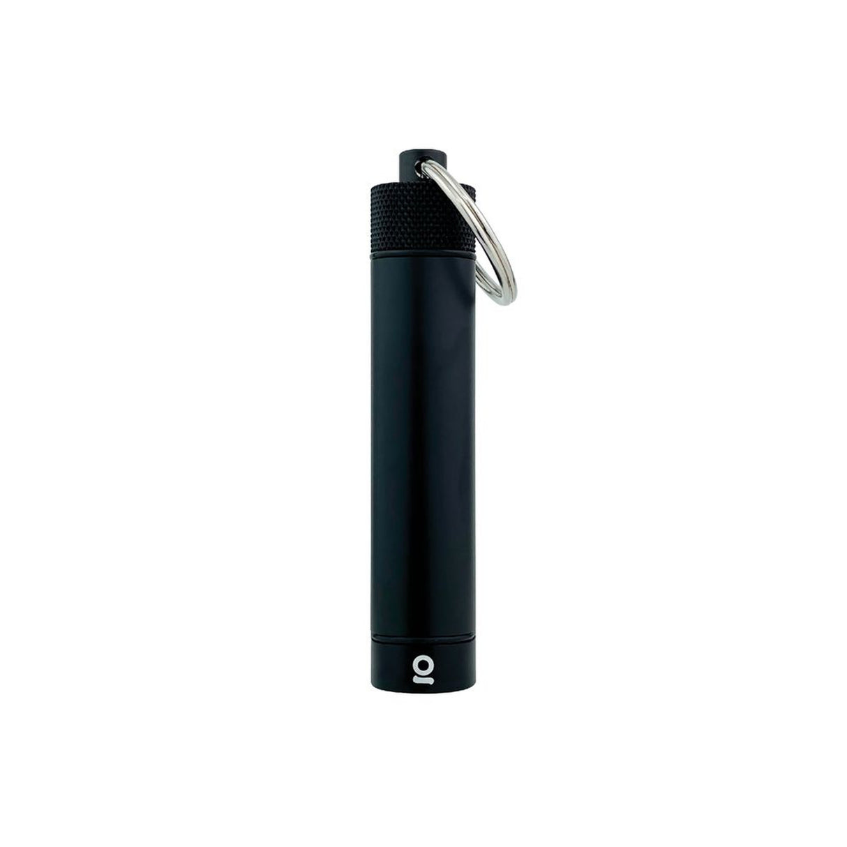 Aluminum Smell-Proof Storage Keychain in black, featuring a discreet cylindrical design with a removable cap, perfect for securely storing consumables while preventing odors.