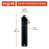 Aluminum Smell-Proof Storage Keychain, black cylinder design with white lines, silver ring, ideal for discreetly storing consumables. Compact, durable, and odor-resistant.