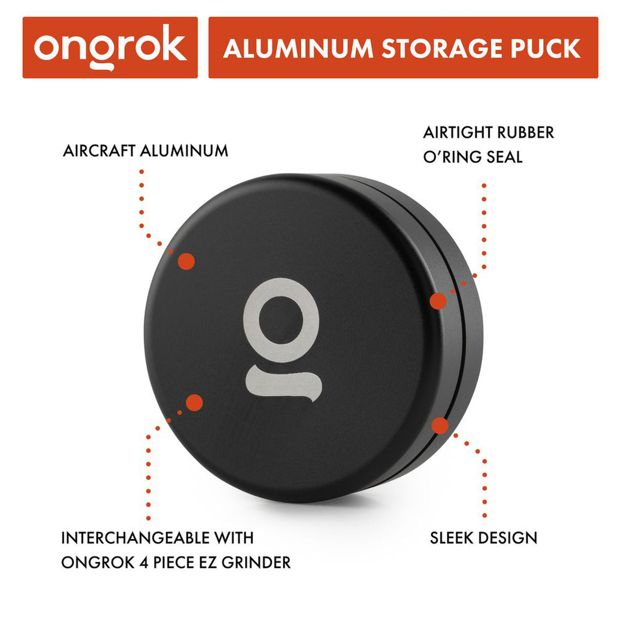 Aluminum Storage Puck, black round design with white letter, features airtight seal, ideal for secure, odor-free storage, interchangeable with Ongrok 4 Piece EZ Grinder.