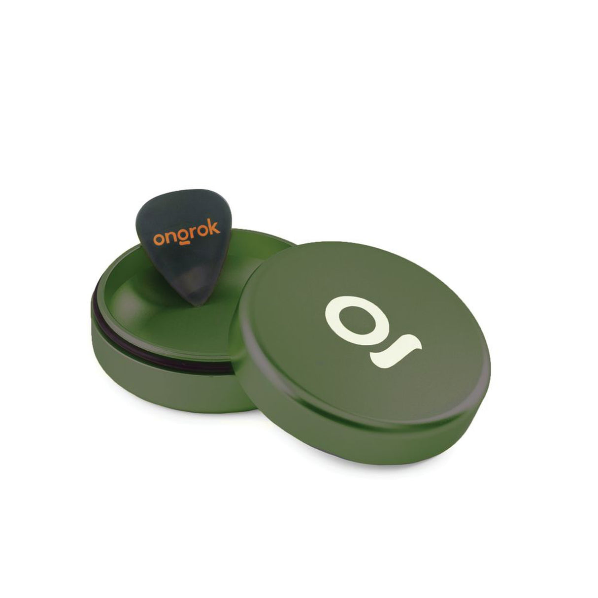 Aluminum Storage Puck with green case, housing a guitar pick, featuring an airtight seal for discreet, durable storage.