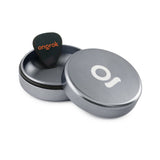 Aluminum Storage Puck with a guitar pick inside, featuring an airtight seal for secure storage, shown in a close-up of the metal case and logo.