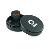 Aluminum Storage Puck, a black round case with a guitar pick, featuring an airtight seal for discreet, durable storage ideal for small items.