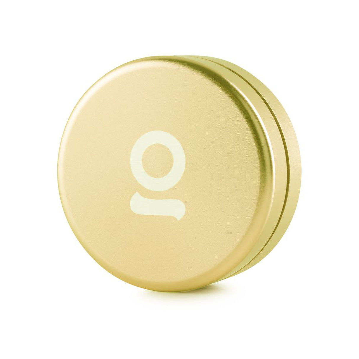 Aluminum Storage Puck, a round gold container with a white logo, designed for discreet, airtight storage of small items, perfect for on-the-go use.