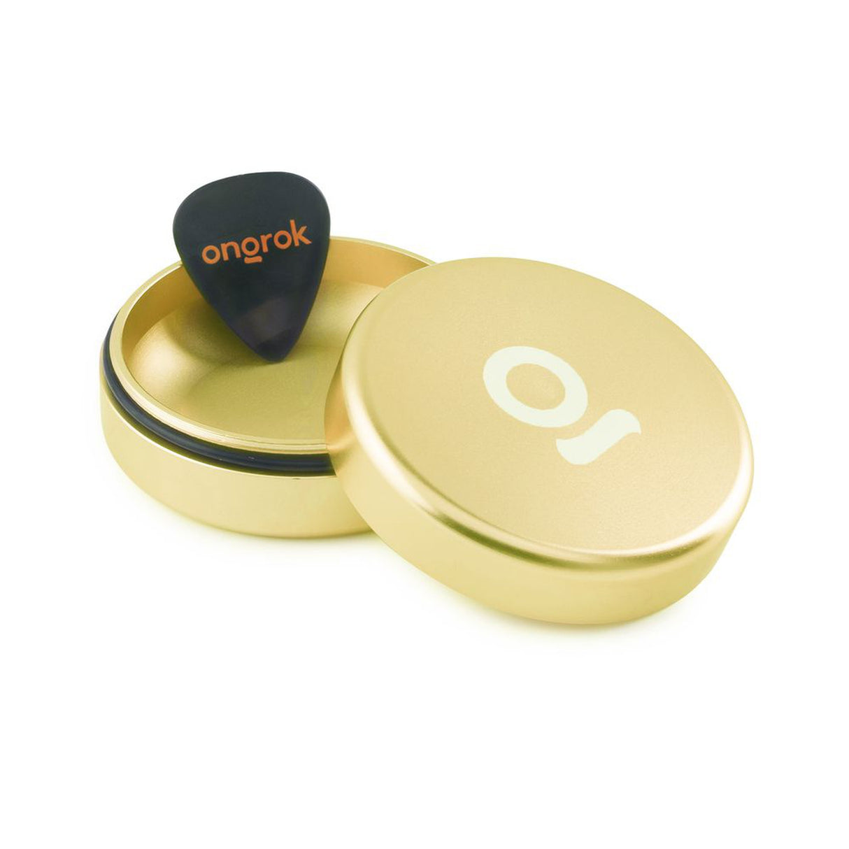 Gold Aluminum Storage Puck with a black guitar pick inside, featuring an airtight seal for odor control, designed for discreet, on-the-go storage of small items.