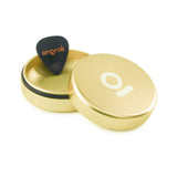 Gold Aluminum Storage Puck with a black guitar pick inside, featuring an airtight seal for odor control, designed for discreet, on-the-go storage of small items.