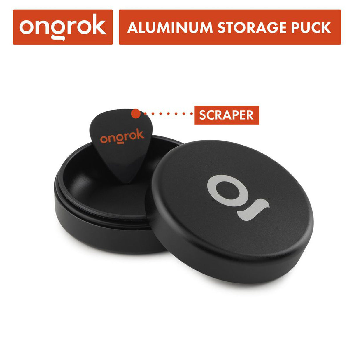 Aluminum Storage Puck, a black round container featuring a guitar pick, designed for discreet, airtight storage with an interchangeable system. Ideal for on-the-go use.