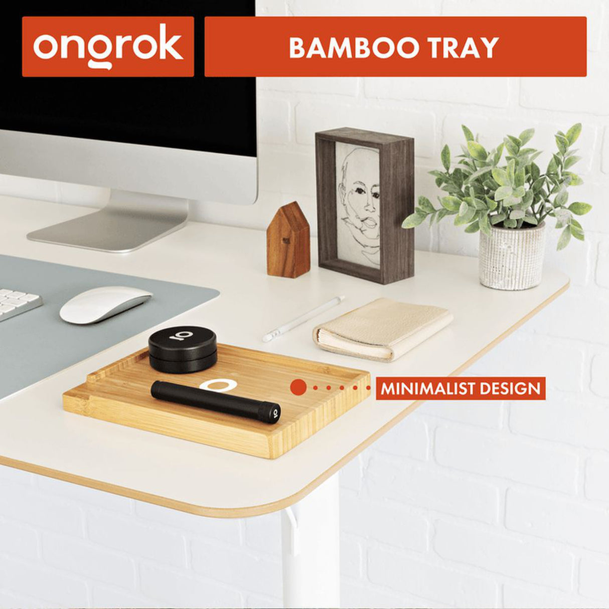 Bamboo Wood Tray - Small: A natural bamboo tray with minimalist compartments, visible on a desk setup, ideal for organizing accessories and enhancing any space.