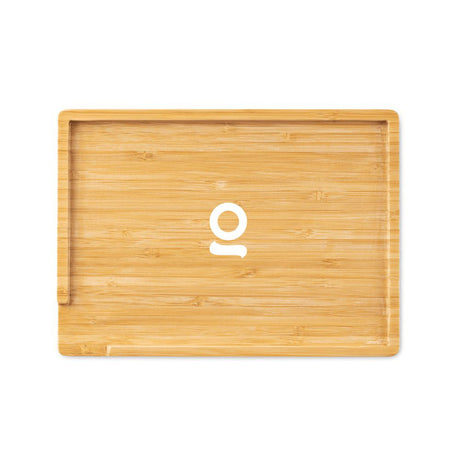 Bamboo Wood Tray - Small: A natural bamboo tray featuring a white logo, lap-sized for versatile use, with minimalist compartments for easy organization.