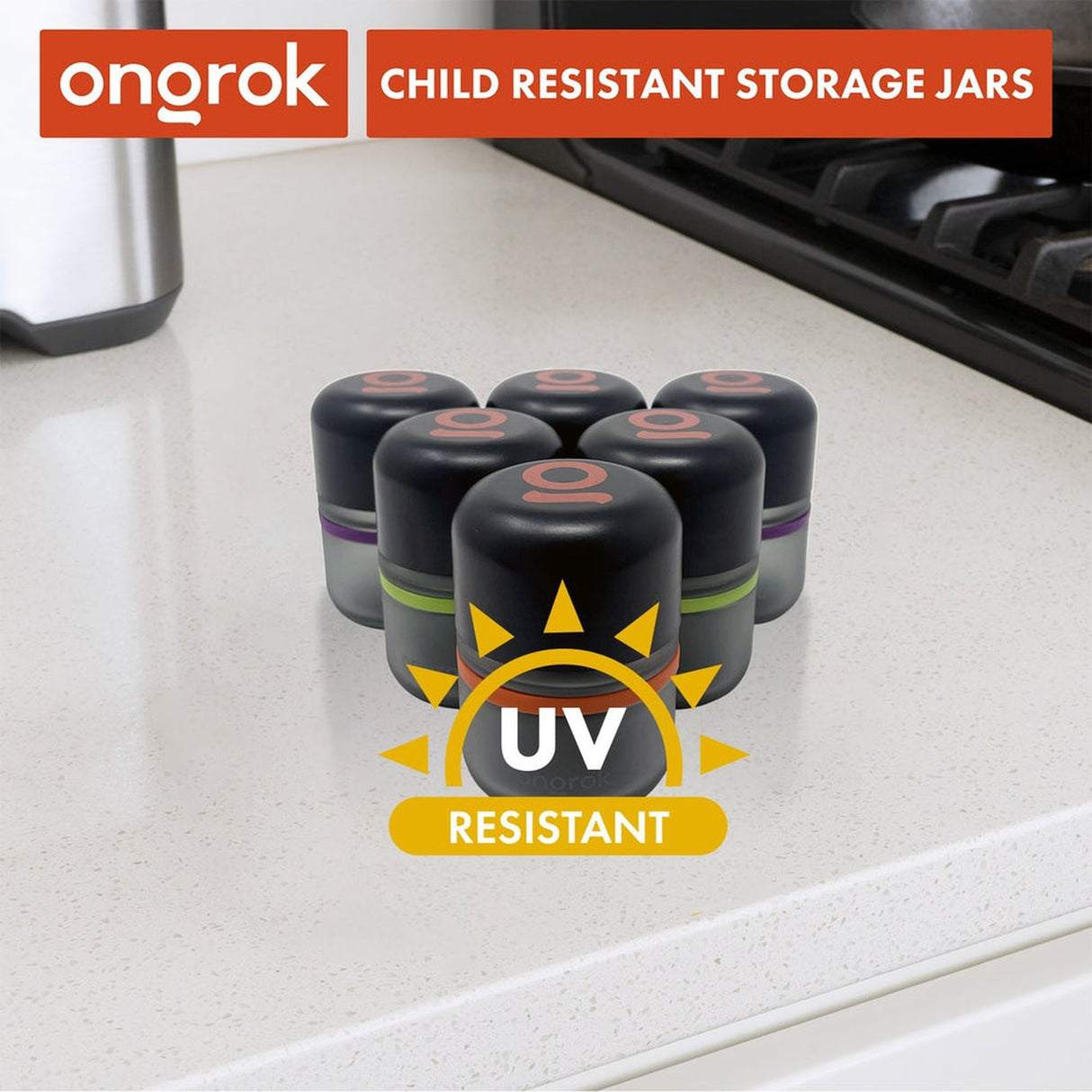 Child Proof Storage Jar 180ml - 6 Pack featuring black containers with child-resistant lids, ideal for securely storing herbs, includes color-coded bands and labels for easy organization.