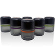 Child Proof Storage Jar 80ml - 6 Pack showing frosted grey glass cylinders with child-resistant lids and color-coded bands for secure, organized herb storage.