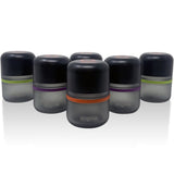 Child Proof Storage Jar 80ml - 6 Pack showing frosted grey glass cylinders with child-resistant lids and color-coded bands for secure, organized herb storage.